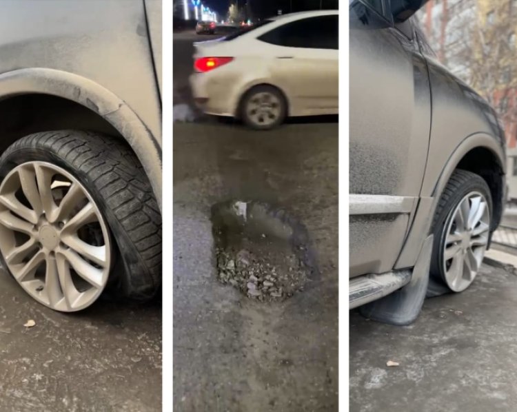 Девушка на авто лишилась двух колес в яме в центре Павлодара (ВИДЕО)