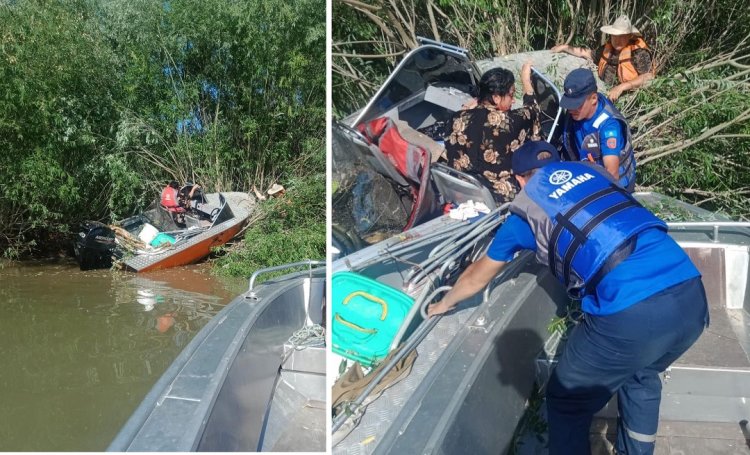 Моторная лодка вылетела из водоёма на берег в Аксу (ВИДЕО)