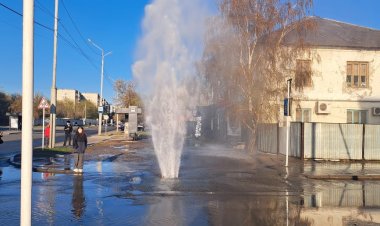 Столб воды поднялся на одной из улиц Павлодара