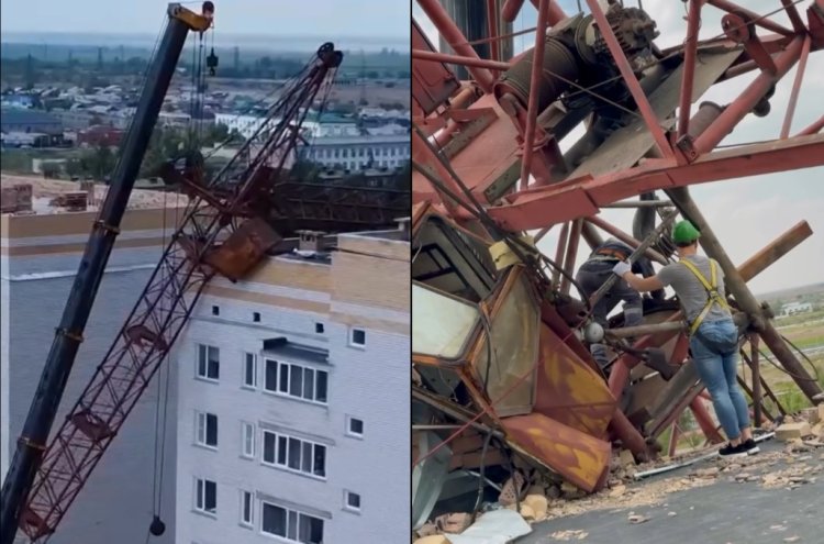 В Аксу сняли упавший на многоэтажку башенный кран