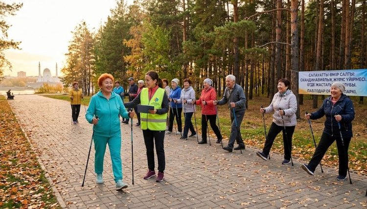 Павлодарда егде жастағы адамдар скандинавиялық жүрісті үйренді