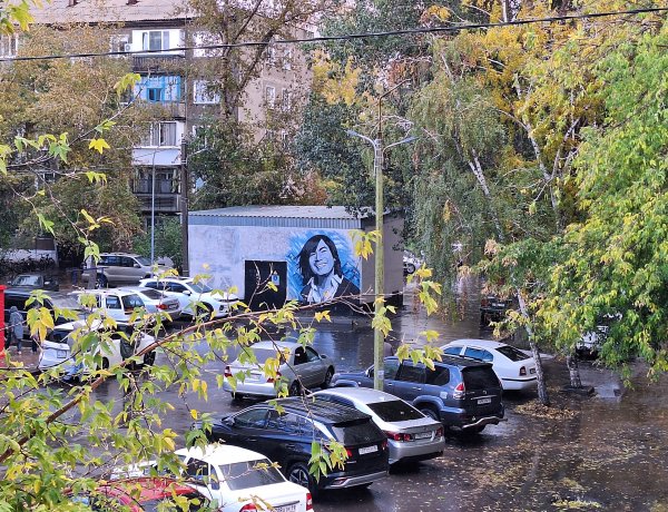 Павлодарка нарисовала портрет Батырхана Шукенова в своем дворе